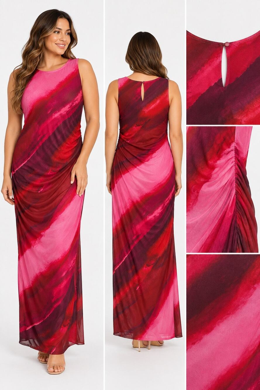 Pink & Burgundy Abstract Ruched Maxi Dress – Size 12